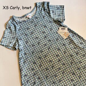 XS Lularoe Carly a-line, hi-low dress, blue and white squares, paper airplanes